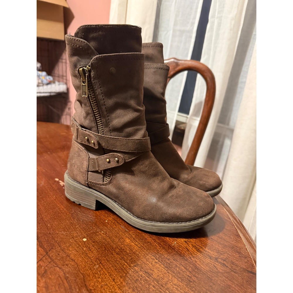 Carlos by Carlos Santana Sawyer Brown Moto Boots Mid Calf Buckle Womens 7M